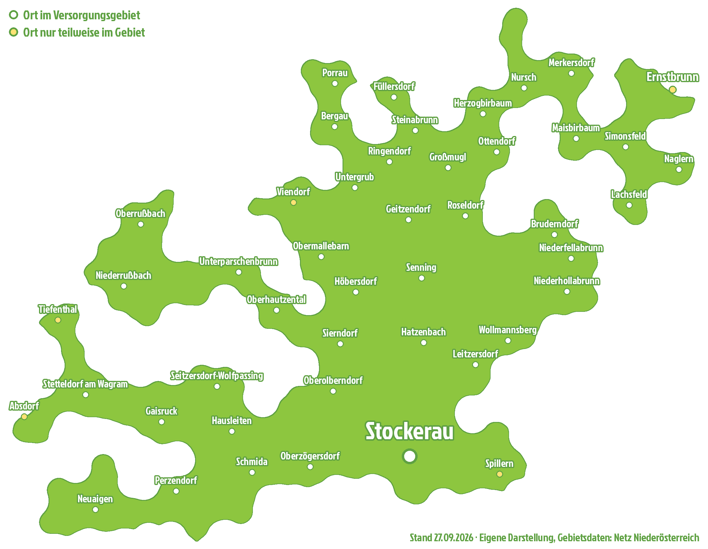 Karte des Versorgungsgebiets vom Umspannwerk Stockerau mit allen Orten darin